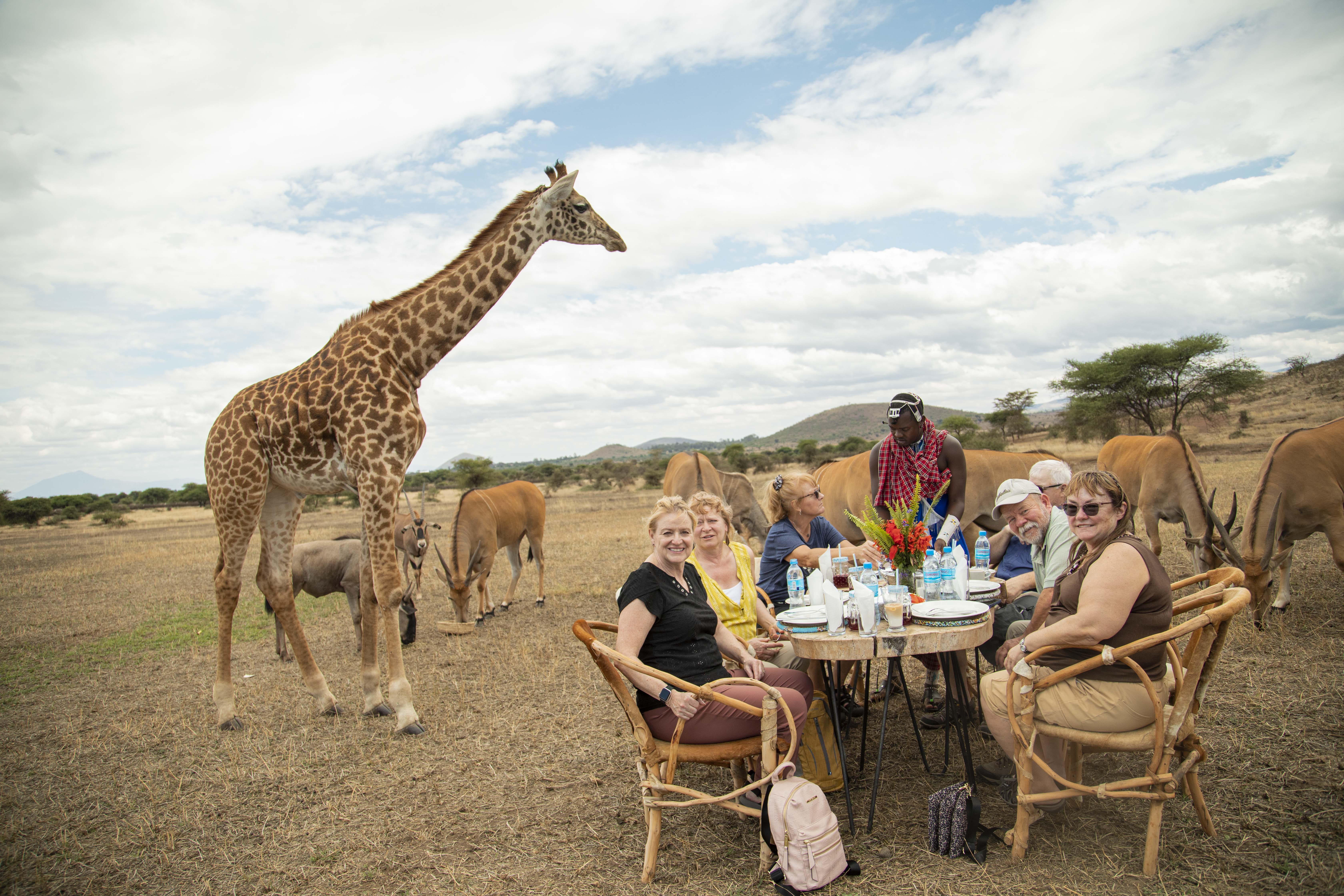Guests enjoying a private bush lunch beside a giraffe