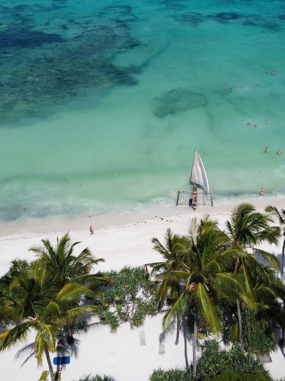 Aerial view of a Zanzibar beach with a dhow