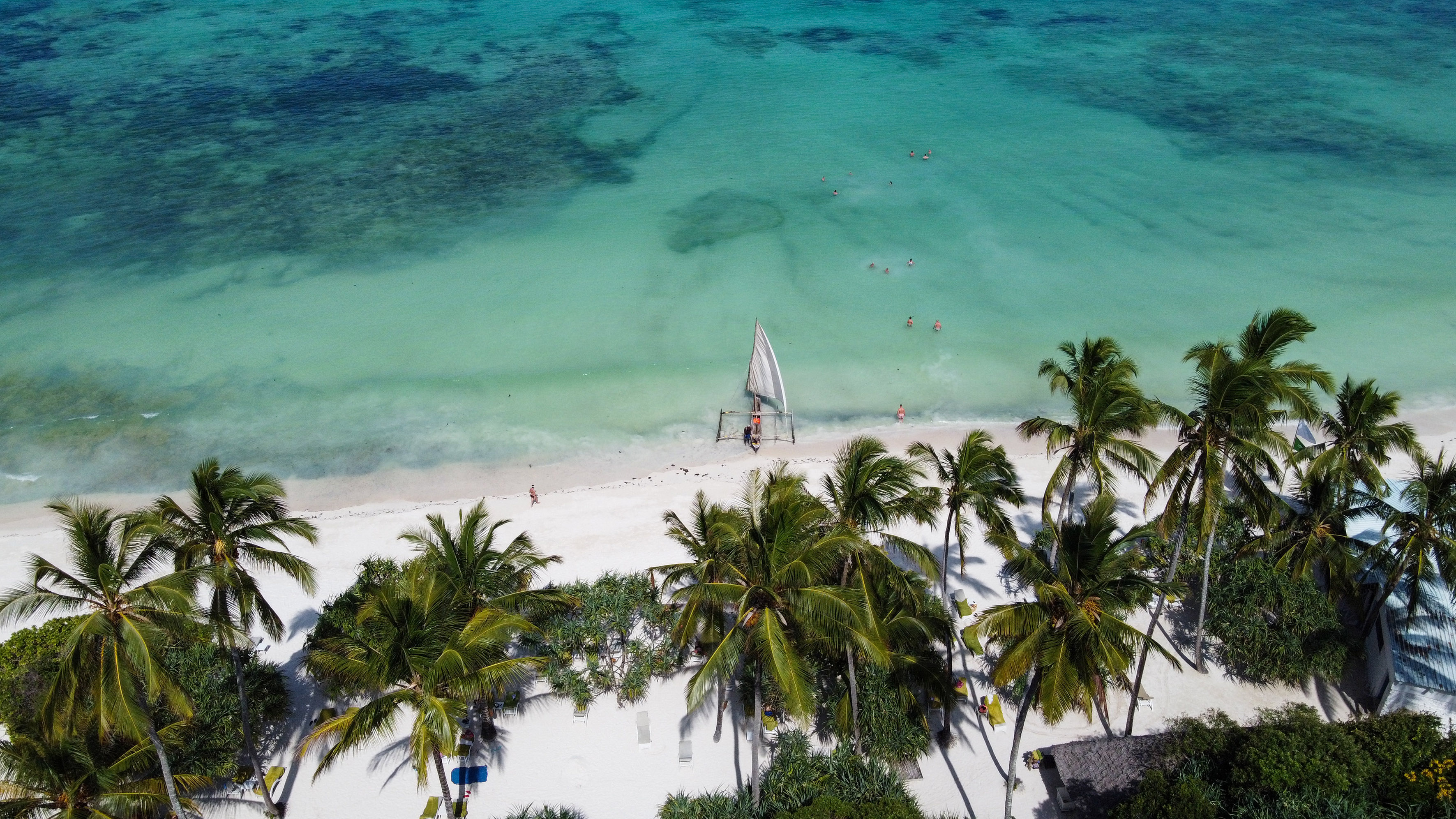White sand and turquoise water along the Zanzibar coast